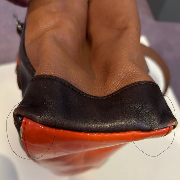 - La Diva Patent  Leather Orange Brown Color Block Handbag, The East/West … - Picture 16 of 17